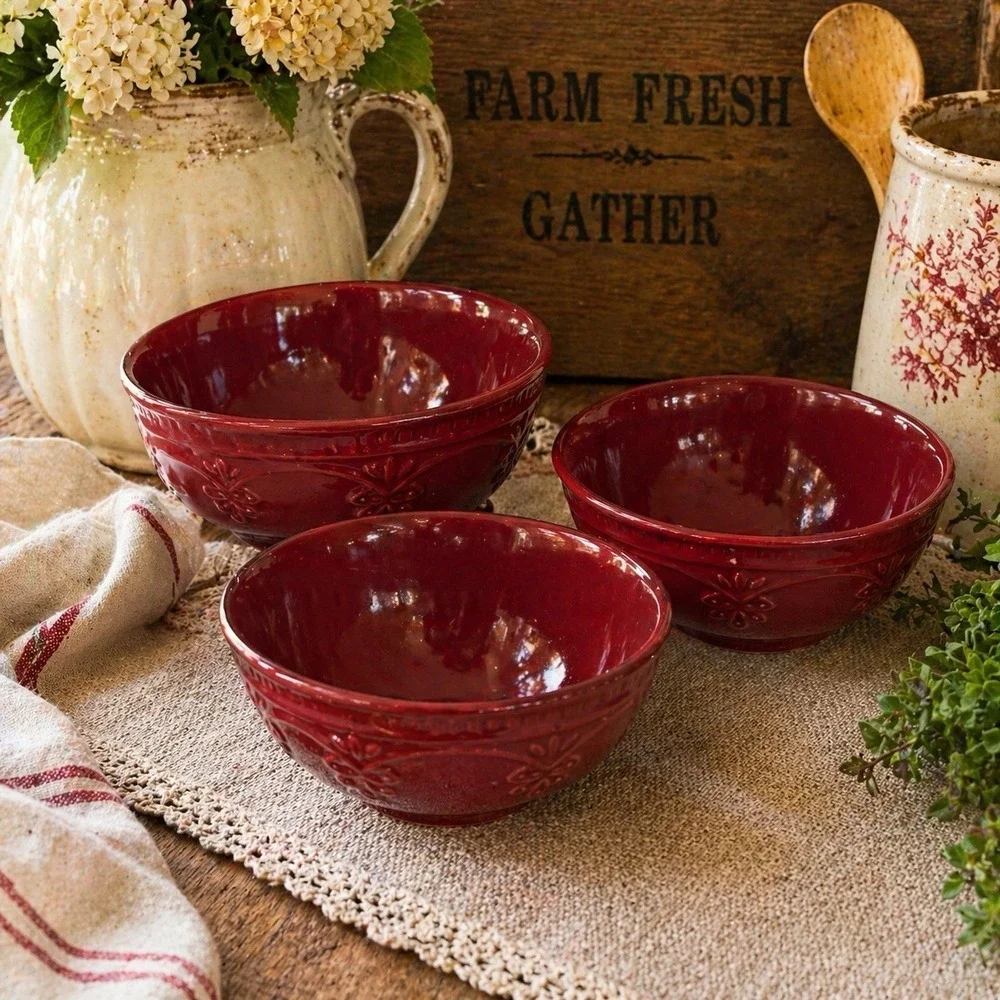 Pioneer Woman Farmhouse Lace Claret Bowls Set 3 Red Cowgirl Lace 6
